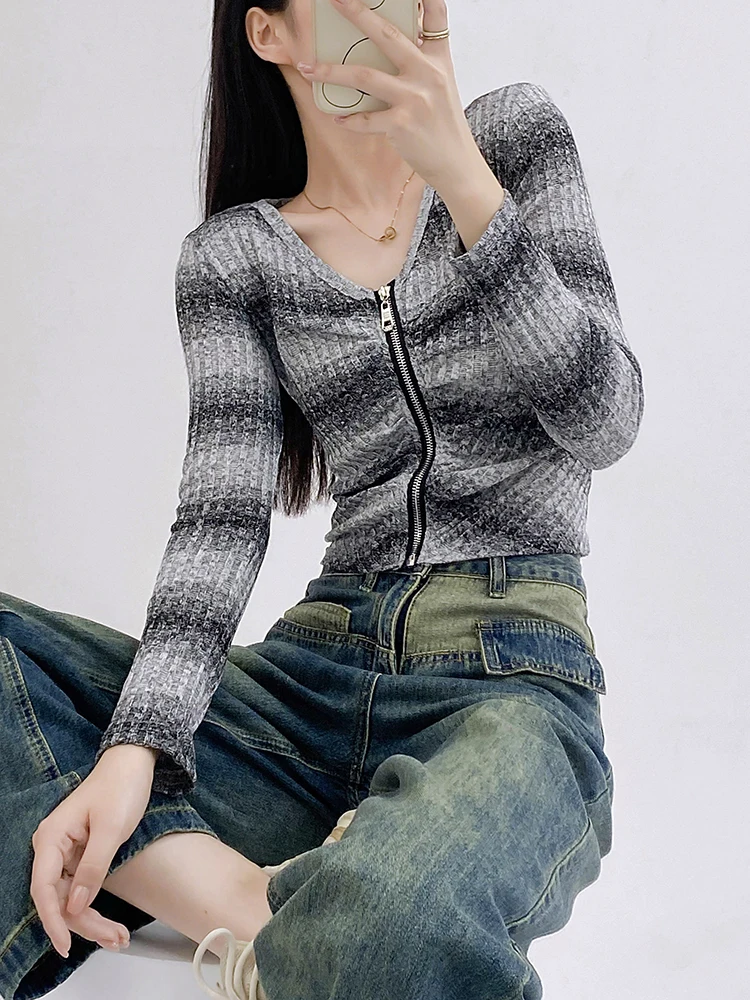 QOERLIN Early Autumn French V-neck Zipper Cardigan with Shoulder Pad Long Sleeve Striped Slim-Fit Knitting Top Women High Street