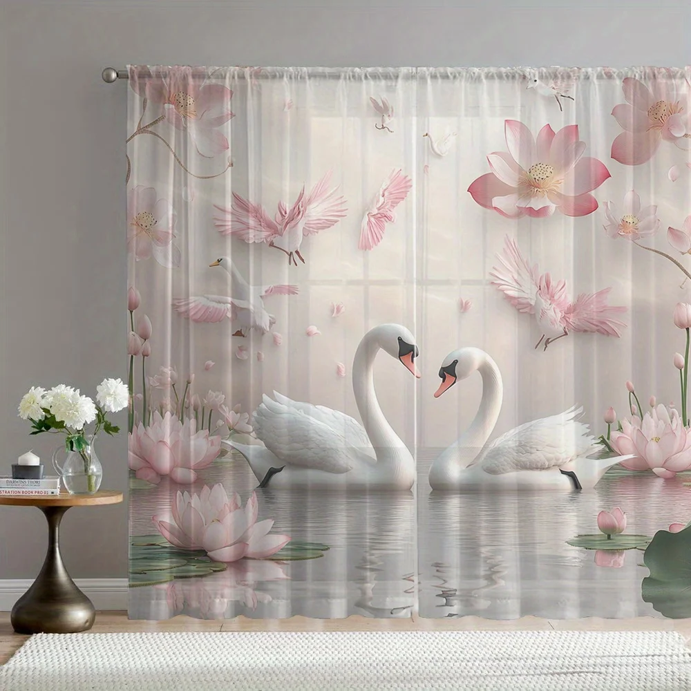Swan and Lotus Curtains Pink Floral Design Window Drapes Romantic Theme Home Decor Living Room Bedroom Elegant Style Statement