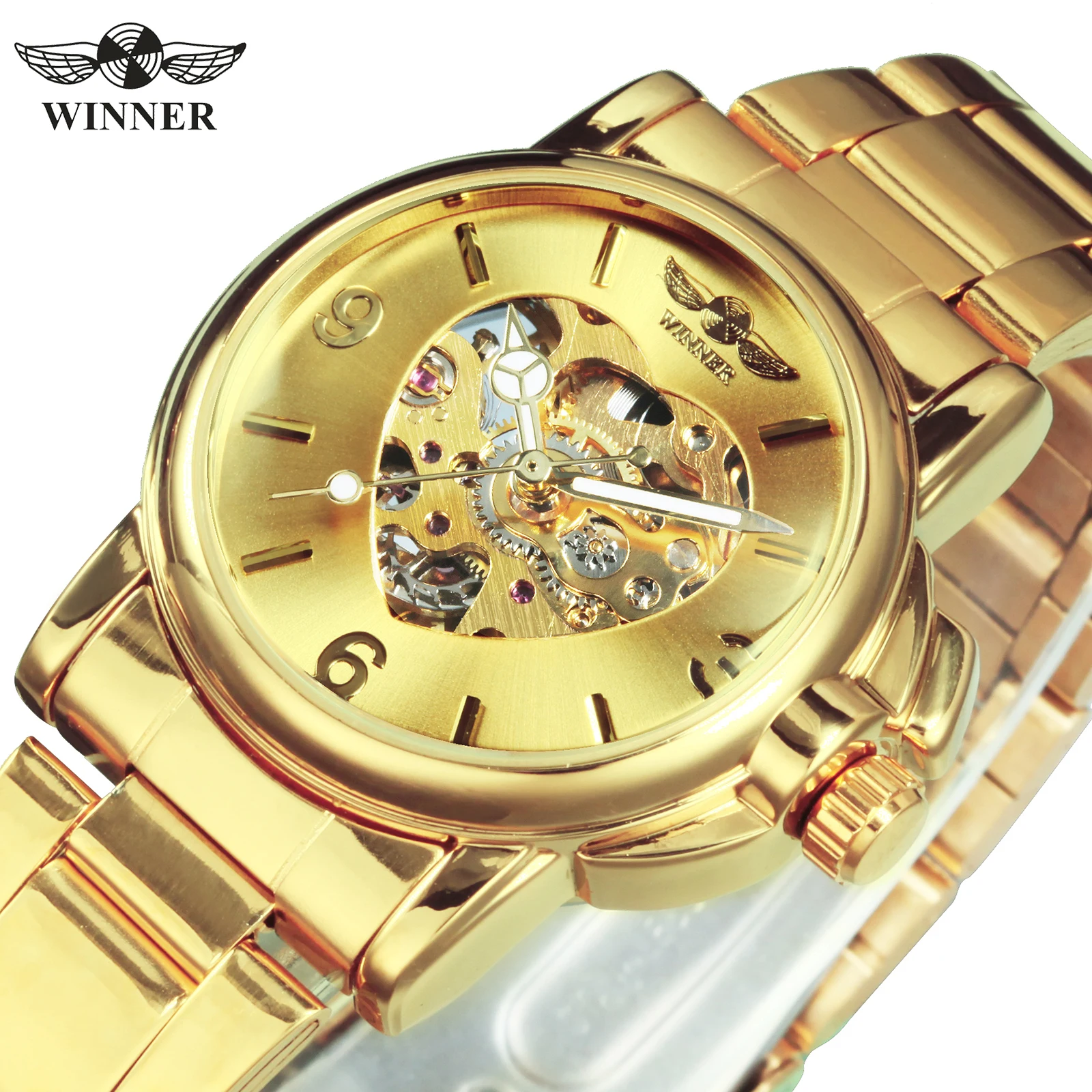 

WINNER 119 Fashion Skeleton Watch for Women Elegant Luxury Brand Automatic Mechanical Ladies Watches Gold Stainless Steel Strap
