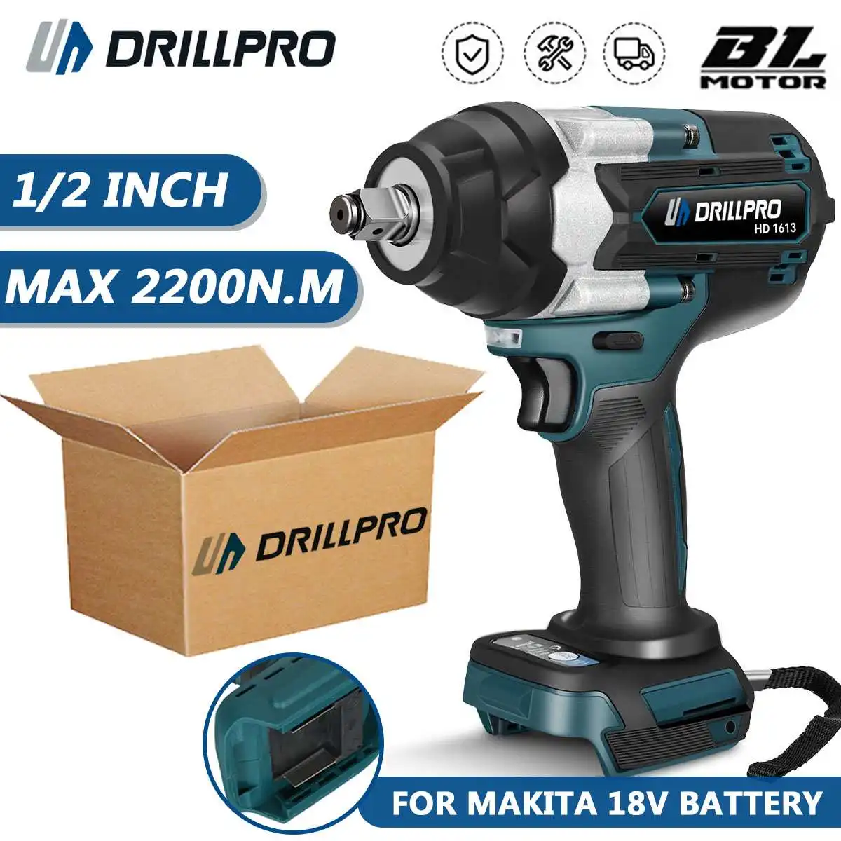 

Drillpro 2200N.M 2800RPM Brushless Impact Electric Wrench 1/2 inch Power Repair Car Tools For Makita 18V Battery New