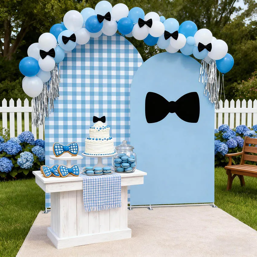 Mehofond مخصص 2-الجانب الأزرق منقوشة القوس بوس بنين حفلة عيد ميلاد استحمام الطفل غطاء كيارا قوس جدار خلفية ديكور خلفية #2