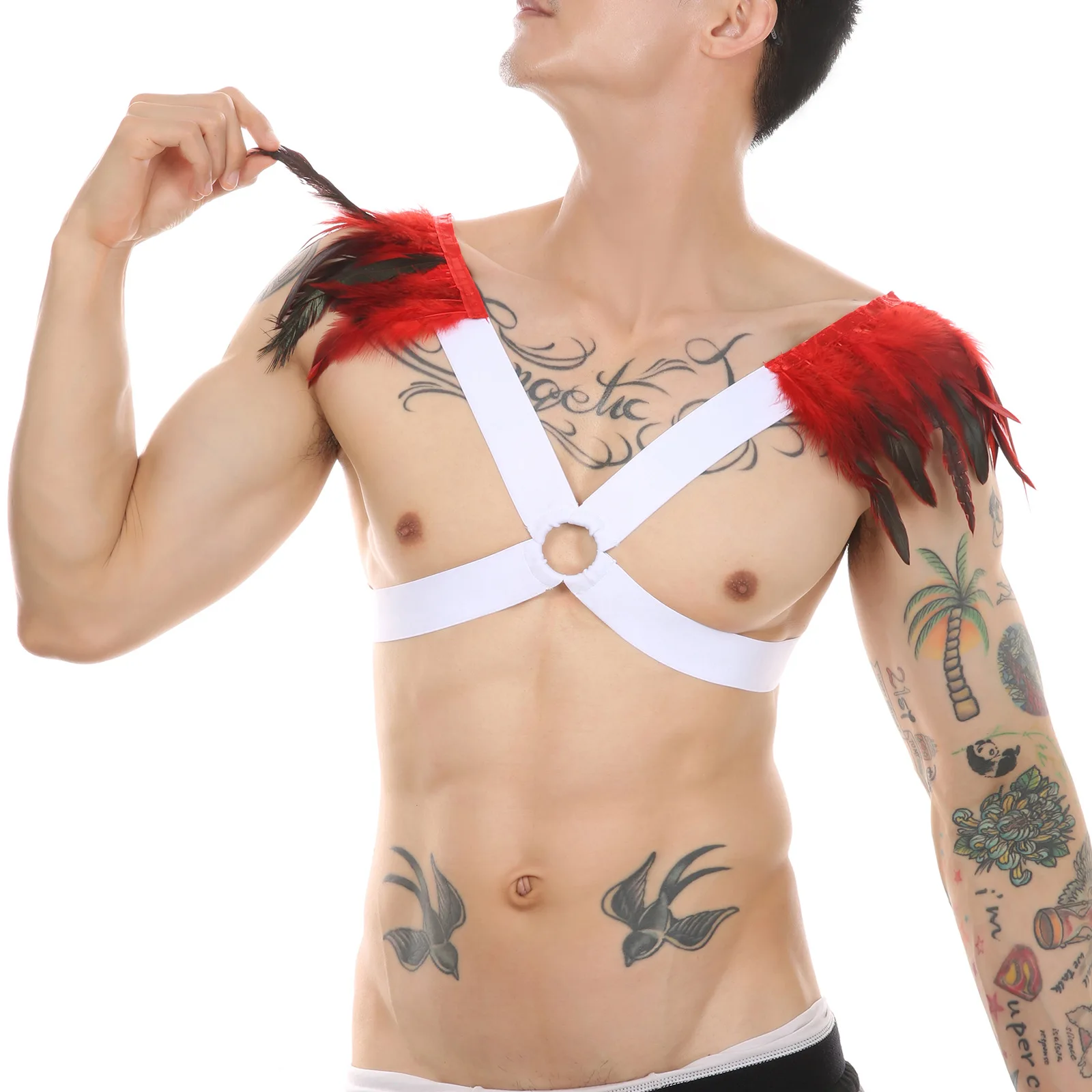 Decoración de plumas Sexy para hombre, pecho apretado con anillo de Metal atado, chaleco hueco, disfraces de Carnaval para fiesta Gay europea y americana