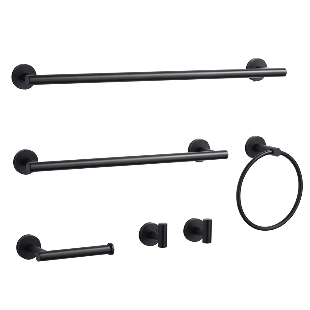 

6 Pieces Bathroom Accessories Set Black 24 Inch Towel Bar, Towel Ring, Robe Hooks Wall Mounted Bathroom Hardware Set