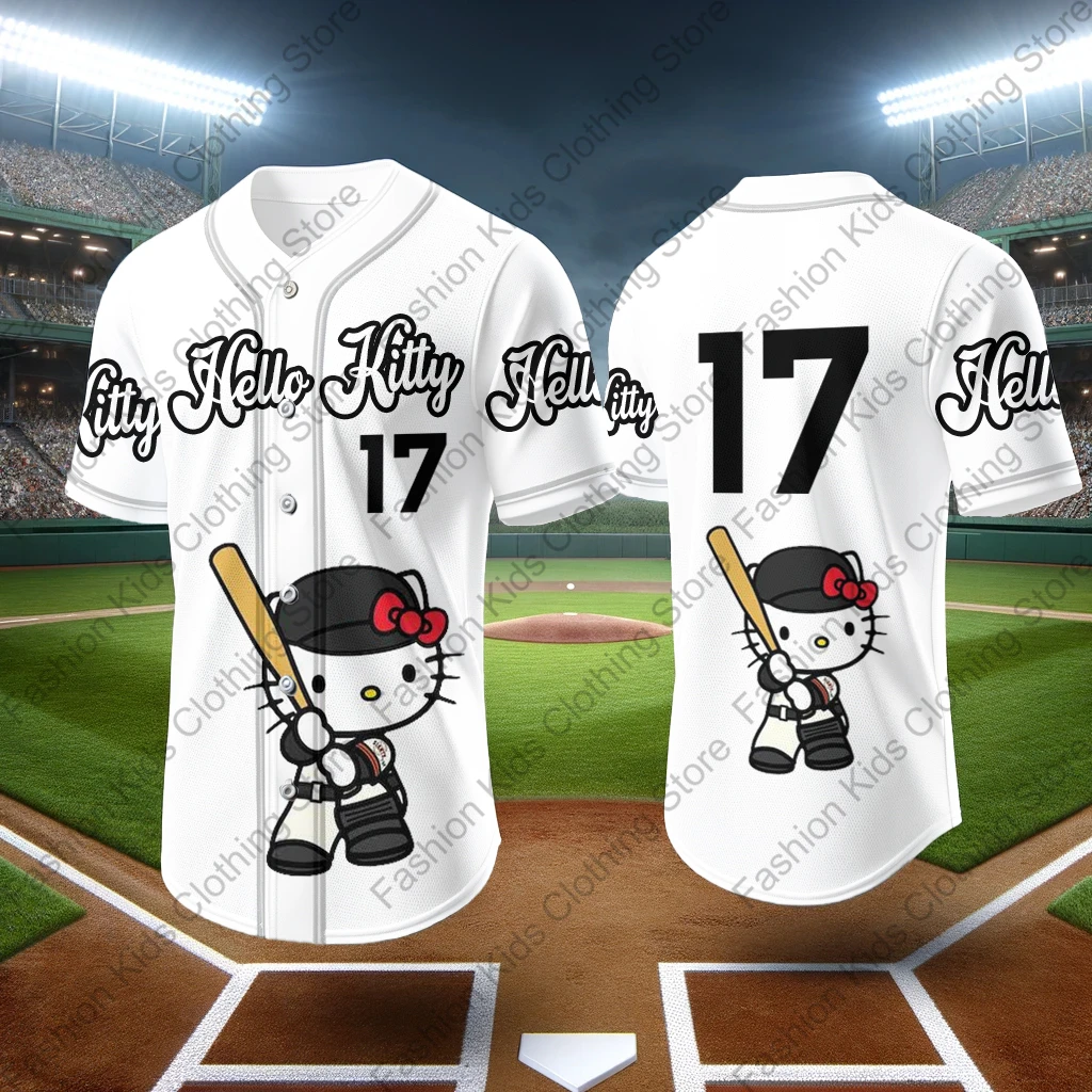 MINISO 2024 New Baseball Jersey Cute Hello Kitty Printed Kids Adults Fashion Cartoon Buttons Baseball Uniform Kids Tops Clothing