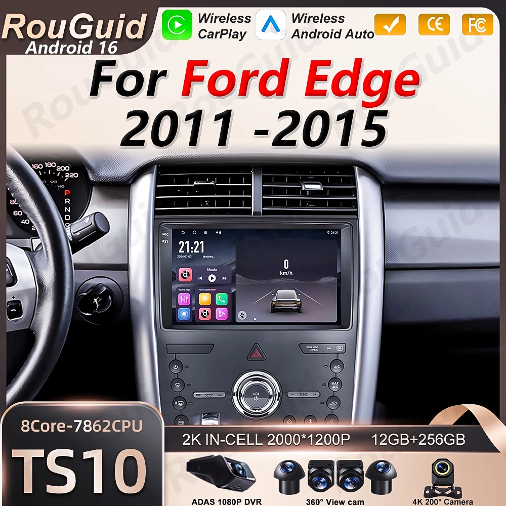 Radio para Auto con Android 16 y Carplay para Ford Edge 2011 2012 2014 2015, Reproductor Multimedia de Video, Navegación GPS