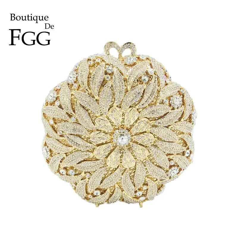

Boutique De FGG Circular Round Women Diamond Flower Evening Minaudiere Bag Bridal Wedding Dinner Crystal Purse Clutch Handbag