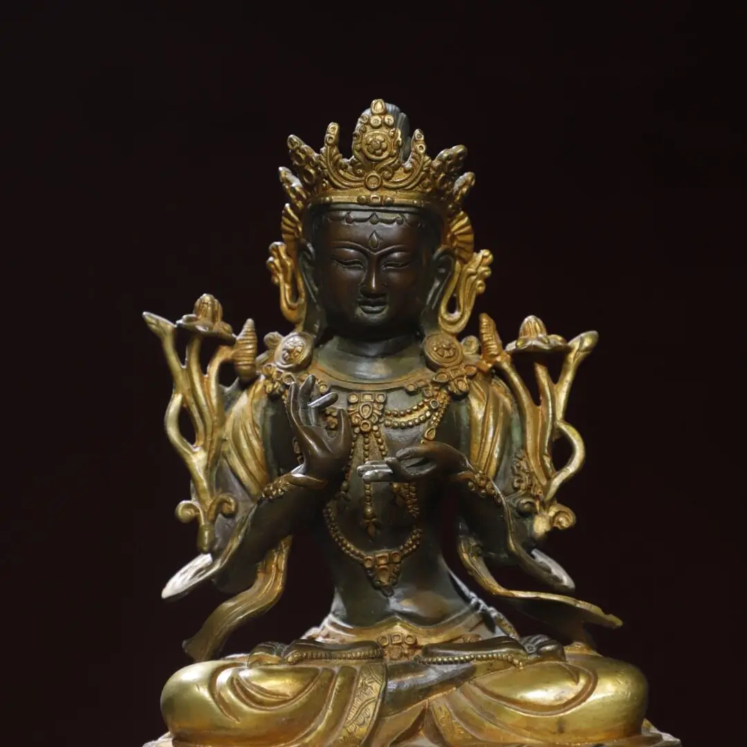 Tibetan brass gilt painted Guanyin Bodhisattva Tara antique Buddha statue ornament, home incense case hall supplies 26cm