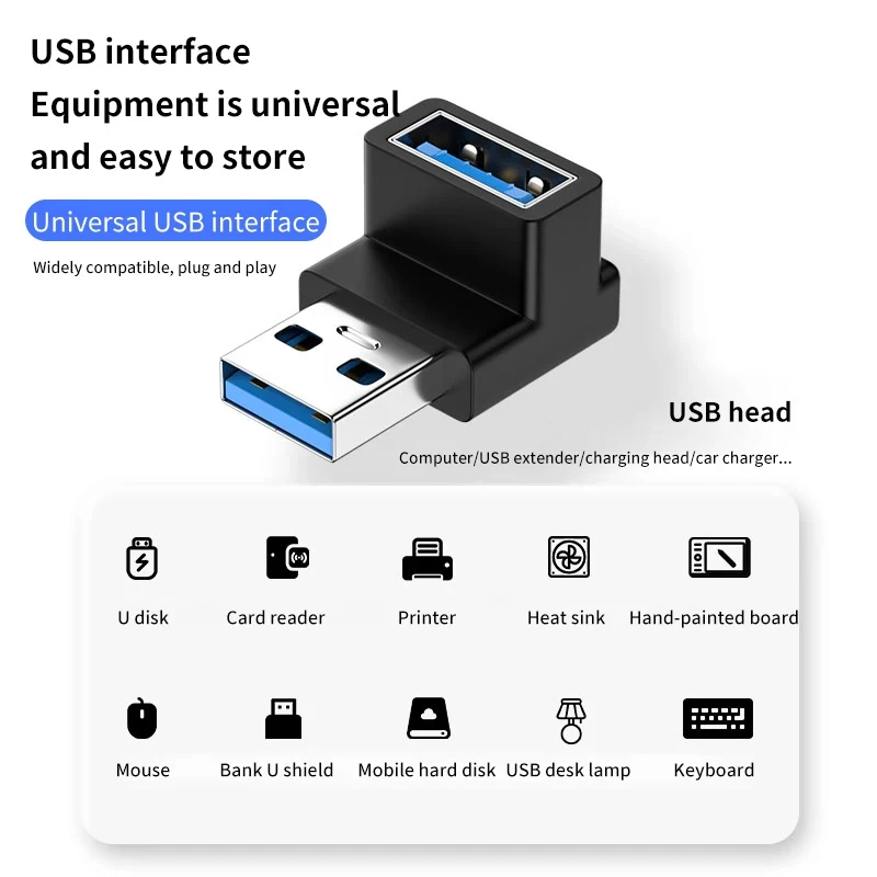 90 Degree USB 3.0 Male to Female Right Angle Extension Adapter Upward Elbow 10Gbps USB Connector  For PC Laptop Plug Converte