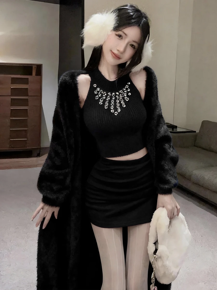 Autumn Winter Knitted Midi Jacket Diamond Embellished Sleeveless High Waist Bodycon Skirt Set Sexy Warm Thickened Polyester