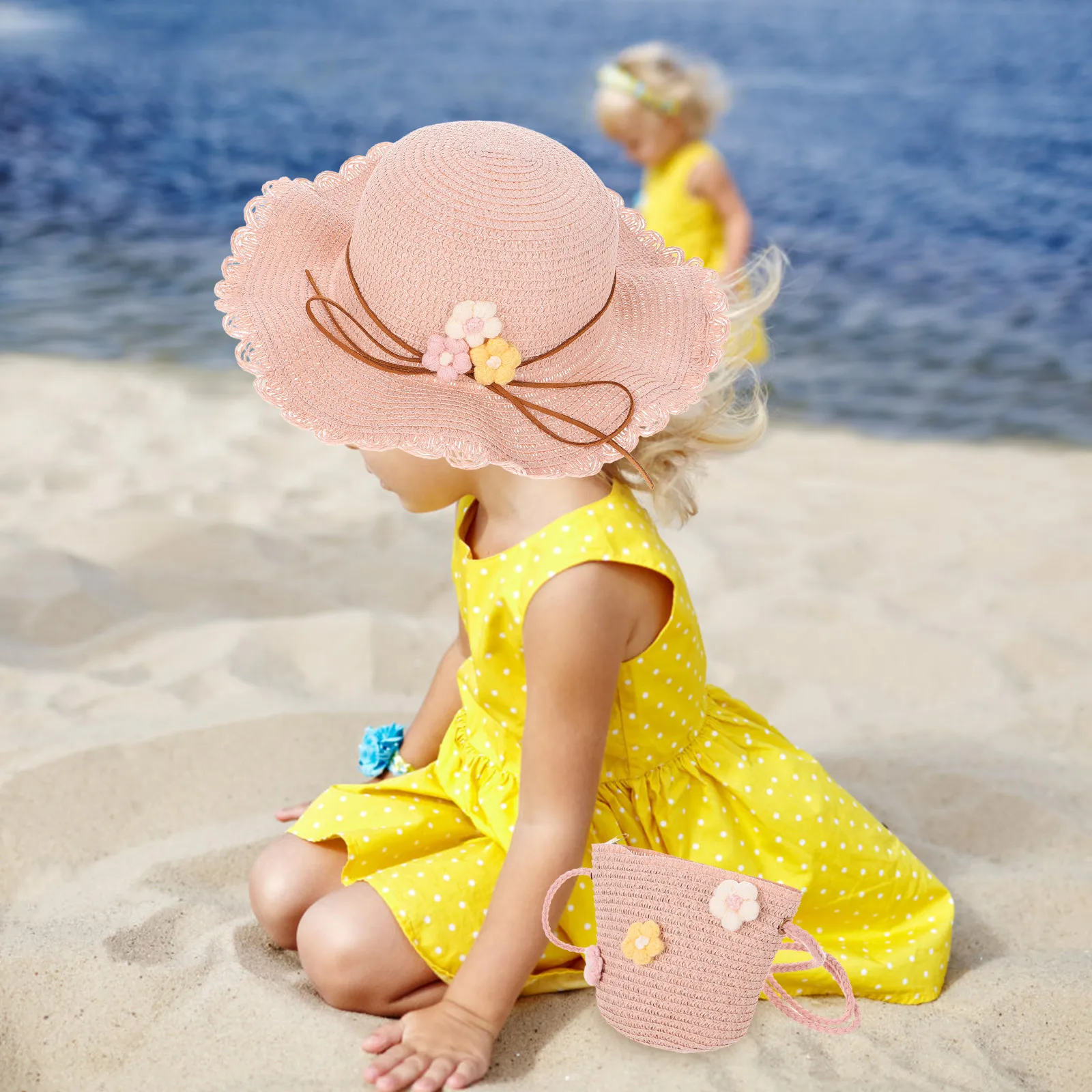 

2 Pcs Baby Girl Beach Hat Bucket Sun Protection Floppy Embroidered Straw Braided Bag