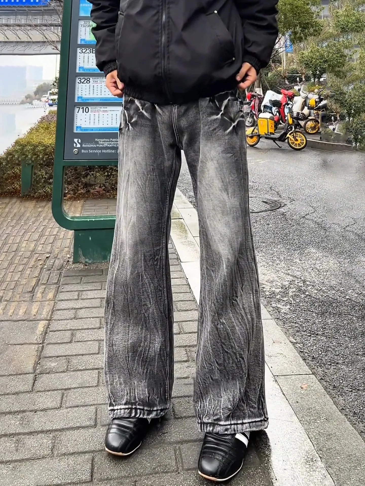 

Thunder Pattern Fce Lined Straight Leg Jeans Men's Winter High Street Vibe Lengthening Legs Effect Bootcut Casual Trousers