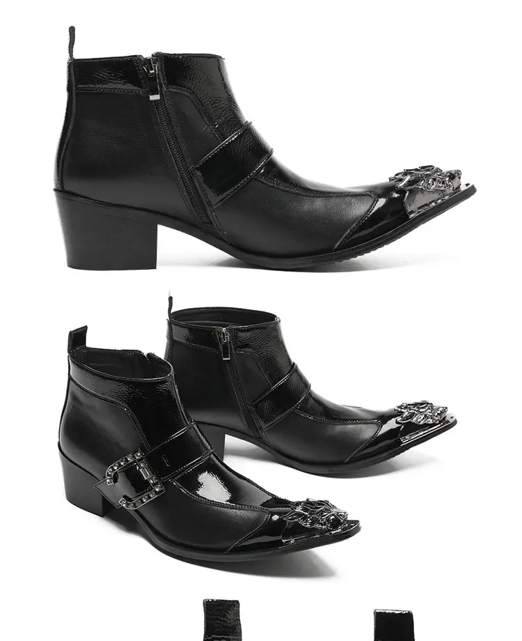 Frühlings-Herrenstiefel, rote Lederstiefel mit Nietenspitze, Modell, sozialer Kontakt, Erhöhung der Show, hochhackige Herrenstiefel aus Lackleder – Detail 13