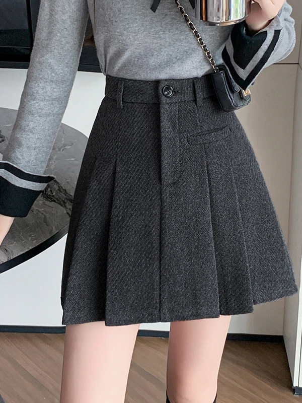 

Emily Clud Recommended High Waist Woolen Skirt Women's Autumn Winter Casual A-Line Pleated Skirt Cover Hip Size plus
