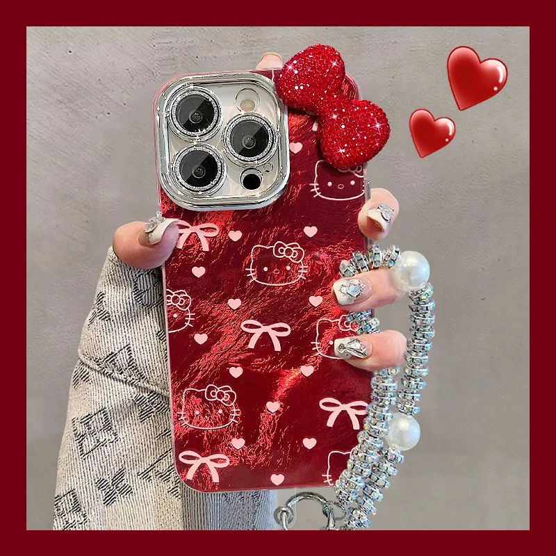 New Sanrio Hello Kitty Red Bow Tie Diamond Bow Cute Bracket Phone Case For iPhone 16 15 14 12 13 Pro Max Y2K Girl Cover Gift