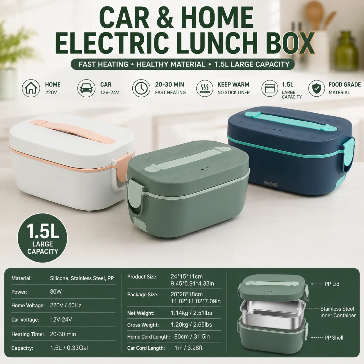 Lonchera eléctrica de doble uso para el hogar y el coche, contenedor de almuerzo eléctrico, vajilla incorporada, bolsa de almacenamiento, anillo de sellado, adecuada para uso en coches, camiones y oficinas, lonchera eléctrica portátil con calefacción.