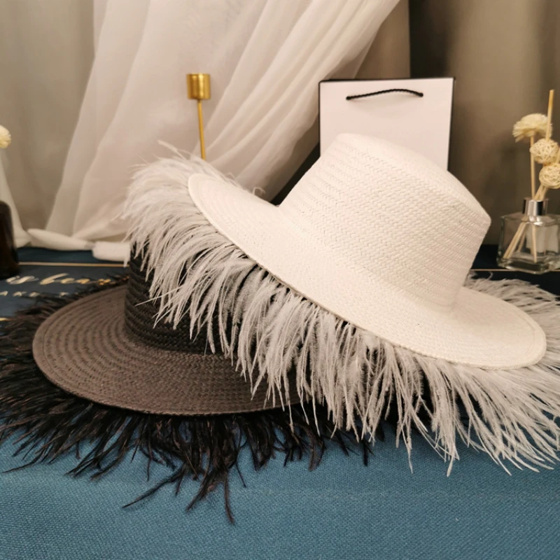 Vintage socialite feather flat top straw hat temperament goddess tassel big eaves hat hat all-match sun block hat summer