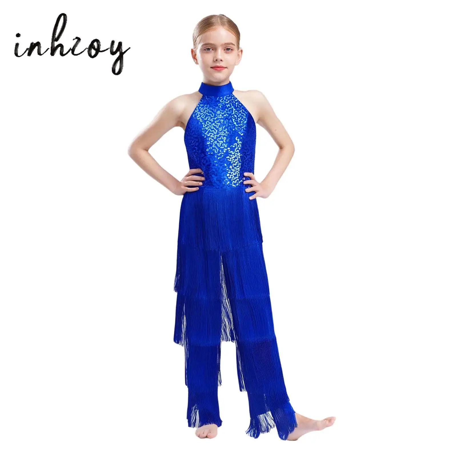 

Kids Girls Latin Dance Jumpsuit Halter Sleeveless Backless Tiered Tassel Sequins Rompers for Cha-cha Samba Dance Performance