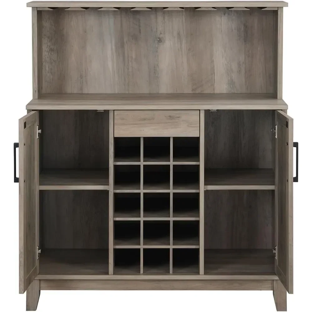 Bar Cabinet With Wine Rack And Glass Doors (Grey Wash- Solid)|