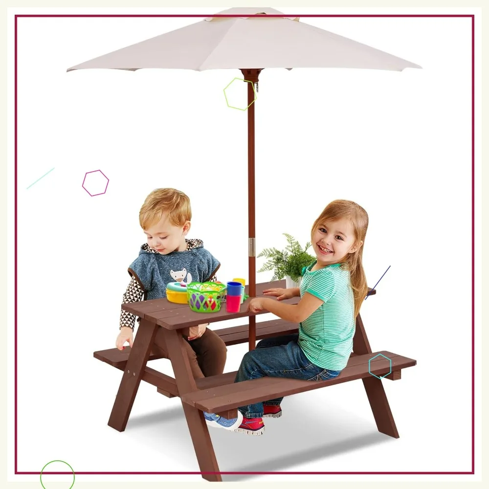 Houten picknicktafelset voor kinderen met afneembare paraplu, activiteitenmeubilair voor peuters voor buiten in de tuin
