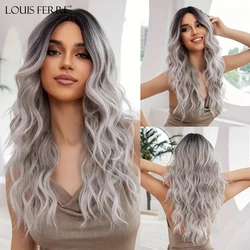 LOUIS FERRE Middle Part Wavy Synthetic Wigs for Black Women Long Black to Grey Ombre Wigs Daily Party Heat Resistant Fake Hair