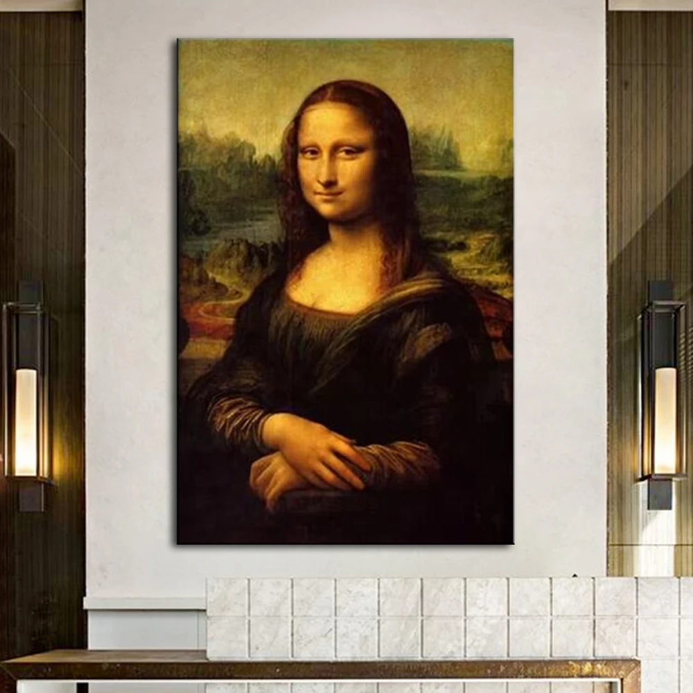 Mintura alta calidad, pintura al óleo impresa en algodón, imagen artística de pared, sonrisa de Mona Lisa de Leonardo Di ser Piero Da Vinci, decoración del hogar