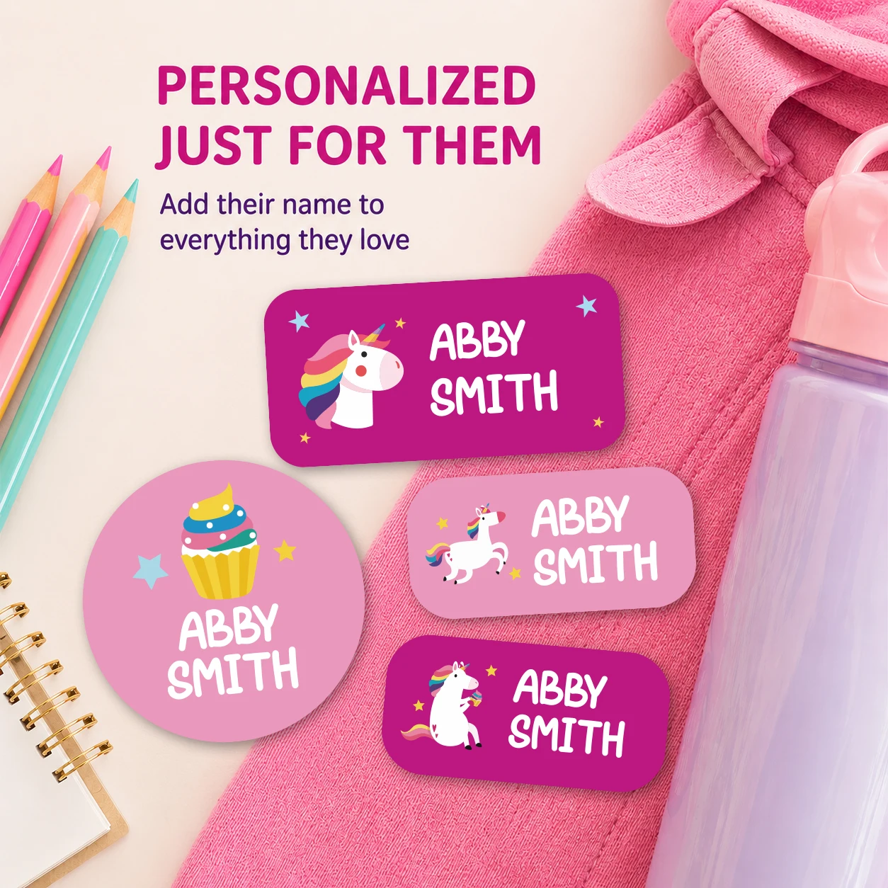 

140PCS Personalized Kids Name Labels, Waterproof Custom Stickers for Bottles, Clothes, School Supplies and Daycare Items