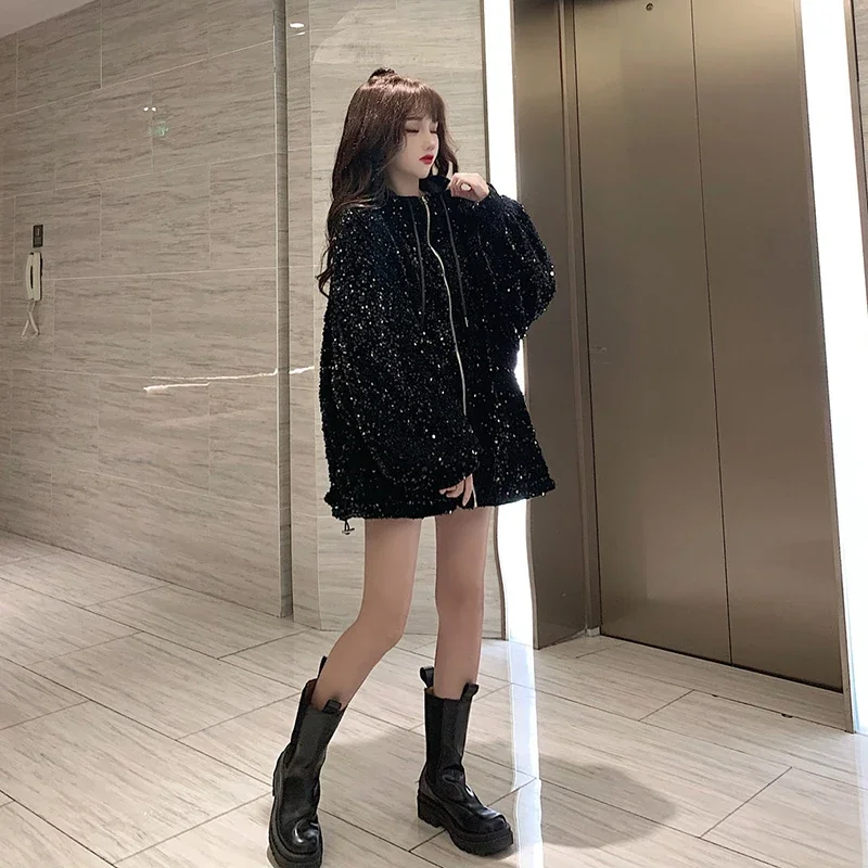 New Fashion Luxury Shiny Sequin Jacket Women Korean Style Loose Bling Bling Hooded Coats Ladies Streetwear Trendy Jackets