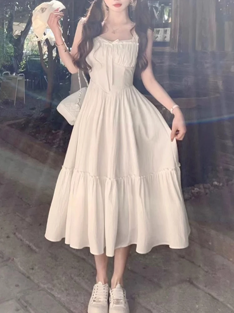 Süße weiße Riemen Dr Damen Sommer neue kleine Größe Strand Urlaub langen Rock koreanische Sle hohe Taille Polyesterfaser