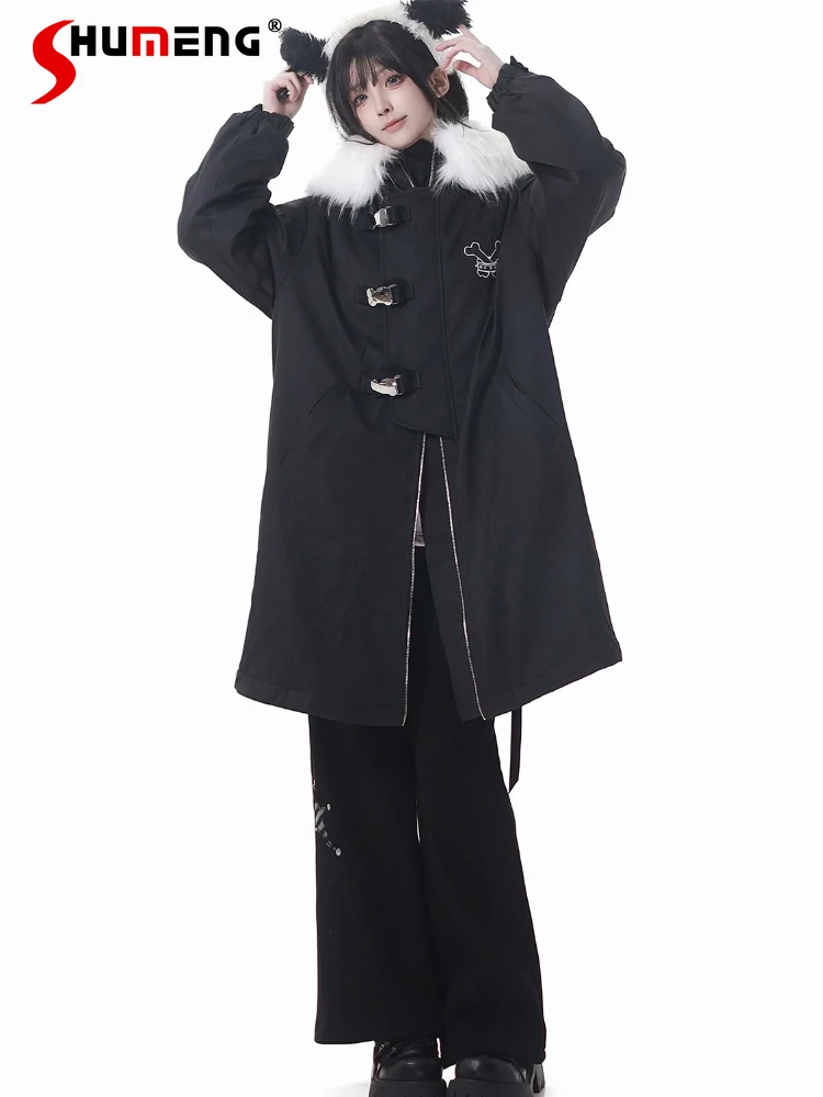 ファッションストリートウェア カレッジスタイル ロングパーカー 星パッチ刺繍 ファーカラー フード付き 厚手 暖かいジャケット レディース 冬用オーバーコート