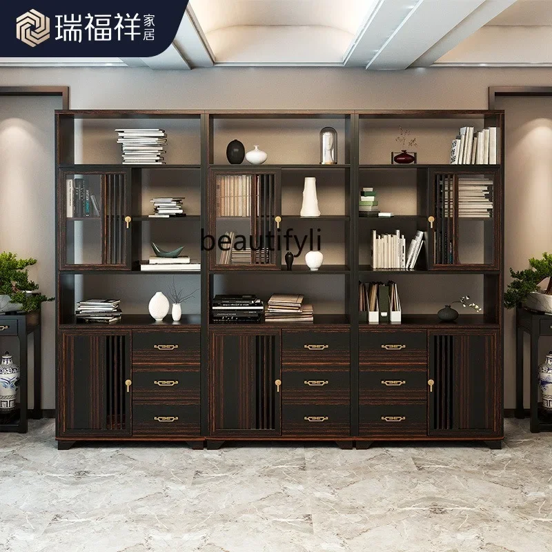 Asmt45 New Chinese-style gold silk sandalwood bookcase, all solid wood storage locker, office display cabinet