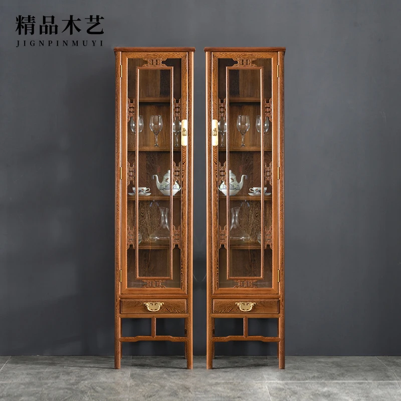 Mahogany furniture chicken wing wood  Chinese single door wine cabinet solid wood glass antique multi-functional display