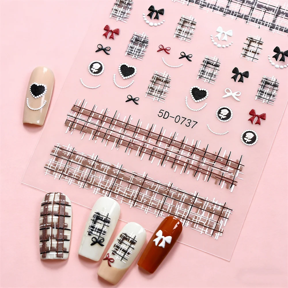 5D Y2k Elegant Black Brown Checkered Nail Stickers With Black Heart&Bow Plaid Nail Decal Self-Adhesive Classic Checkered Slider