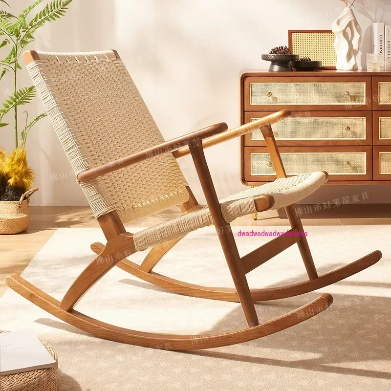 Solid wood high back rocking chair rattan woven Japanese rattan chair solid wood old man recliner rocking chair balcony home