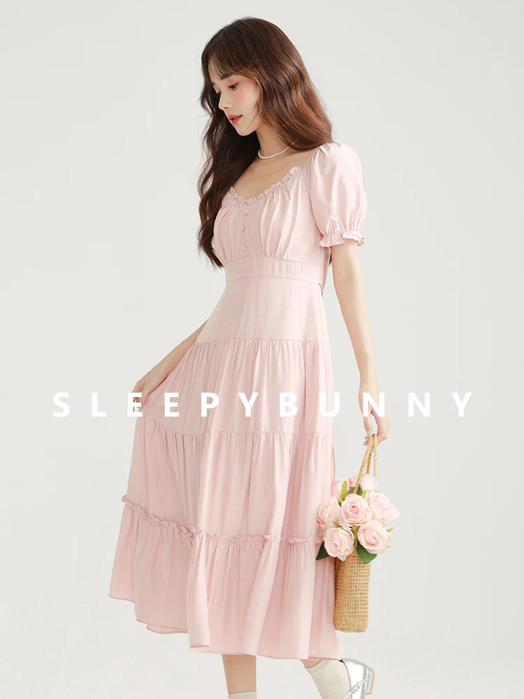 Doce rosa com decote em v vestido plissado feminino cintura alta em camadas bolo saia verão puff manga estilo princesa roupa feminina elegante olhar