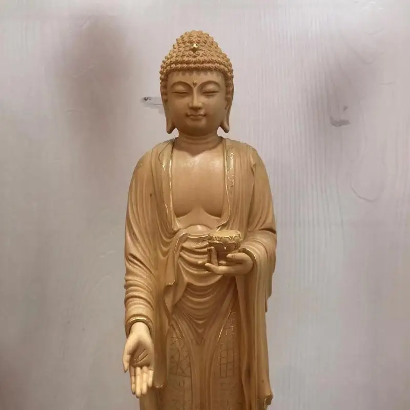 Taiwan Cypress Wood Carved Buddha Statue, Amitabha Gautama Buddha Figurine with Base, Home Temple Decor Ornament