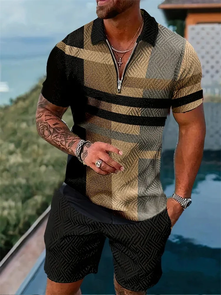 Men's Plaid Printed Short Sleeve New Lapel Zipper Polo Shirt With Shorts Set Summer Men's Temperament Vintage Pool Two Piece Set