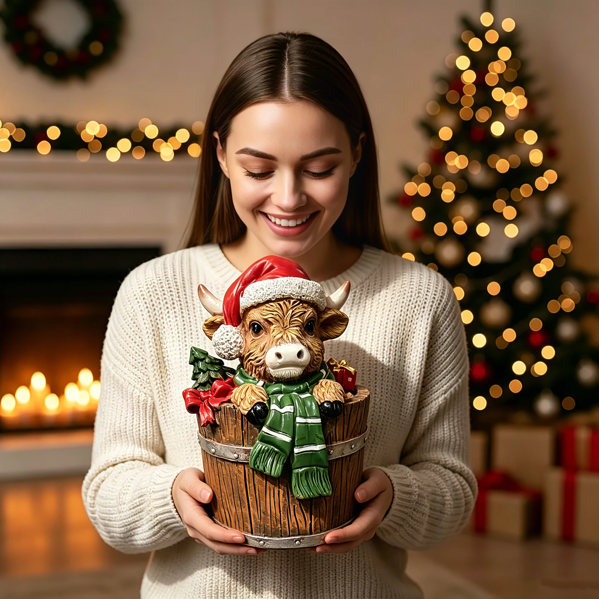 Christmas Highland Cow Resin Figurine, Santa Hat Highland Cattle in Wooden Barrel Statue, Winter Holiday Tabletop Ornament