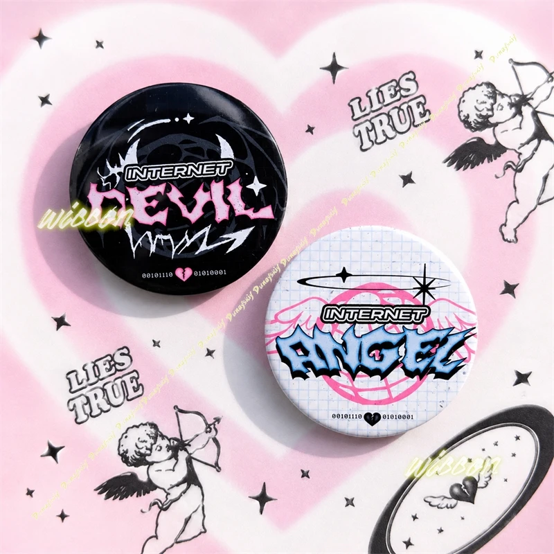 Angel Devil Button Badges Y2K Internet Webcore Aesthetic Cyber Punk Pin Brooches Vintage Graffiti Text Badge For Backpack Gift