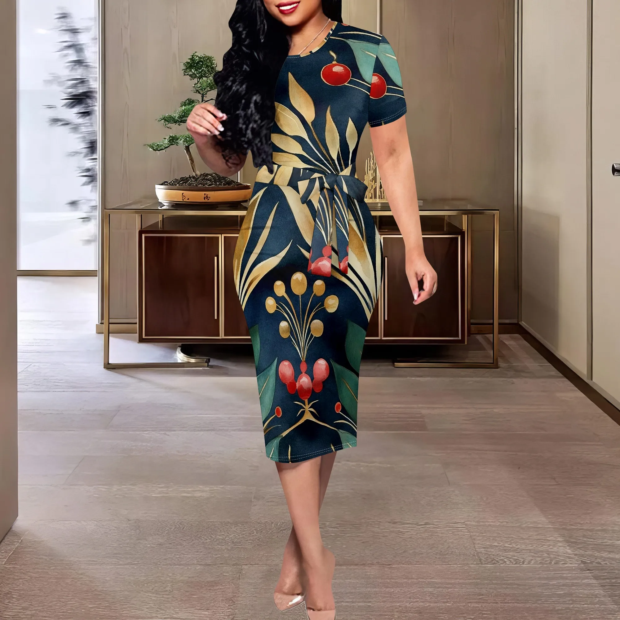 

2025 Summer Tropical Print Bodycon Dress for Women XS-3XL Sexy Tie Waist Midi Beach Holiday Outfit
