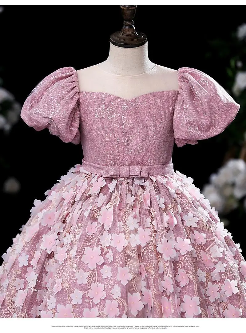 Luxurious Girl's Dresses Pink Petal embroidery Ball Gown Flower Girl dress For Wedding Birthday Party Pageant Long dress