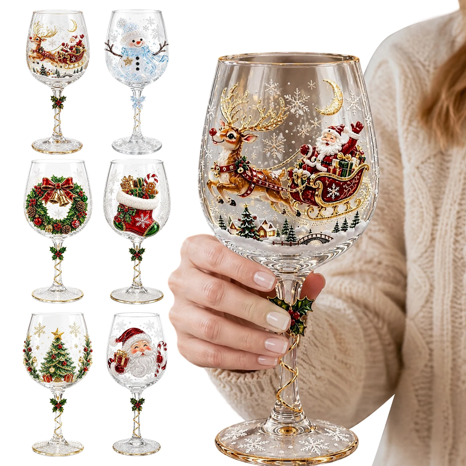 Christmas Party Drinkware 2D Holiday Art Goblet Santa for SNOWMAN Reindeer Clear Glass Festive Cup