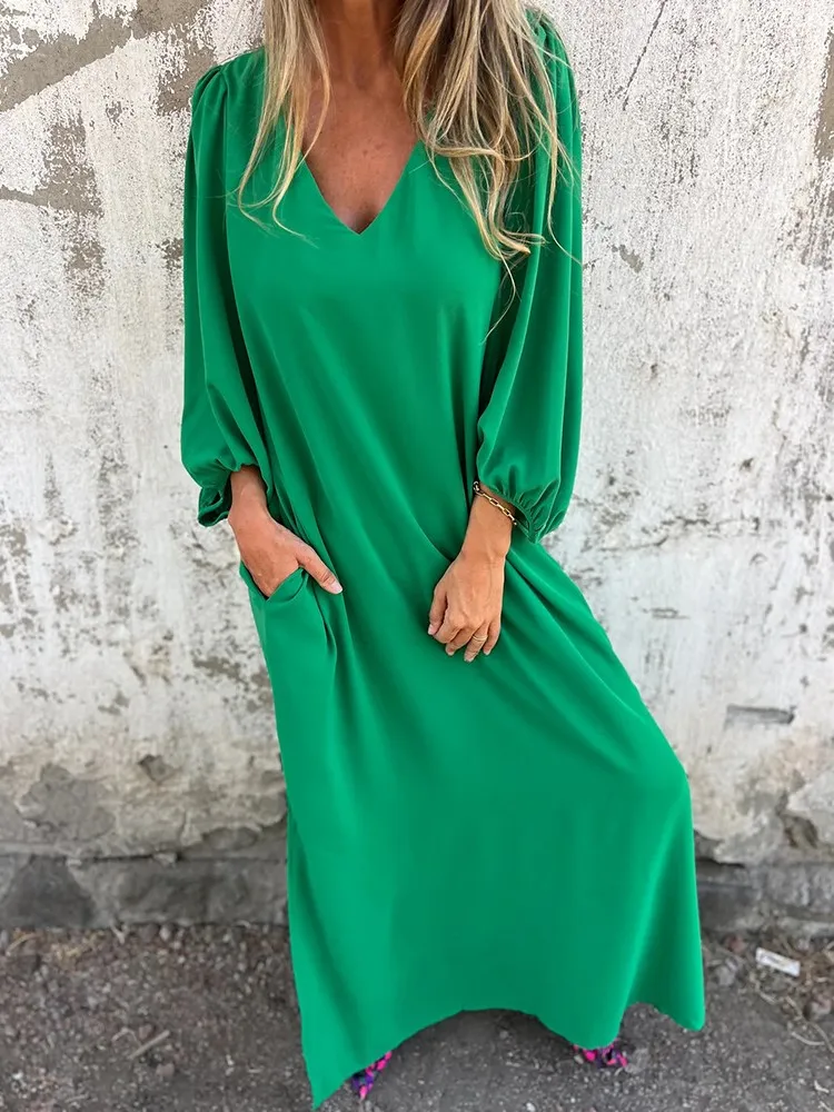 

Spring Autumn Casual Loose Solid Color Pocket Long Dresses Women's New Fashion V-neck Lantern Nine Sleeve Dress Maxi Vestidos