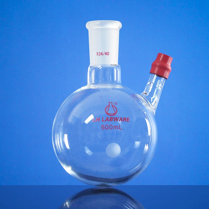 LH LABWARE Round bottom flask with thermometer sleeve with rubber cap, Borosilicate glass, LH-08