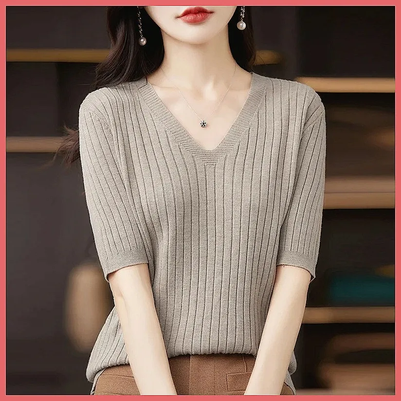 

Women's V-Neck Stripe Knit Sweater, Slim Fit Short Sleeve Pullover for Spring Summer Casual