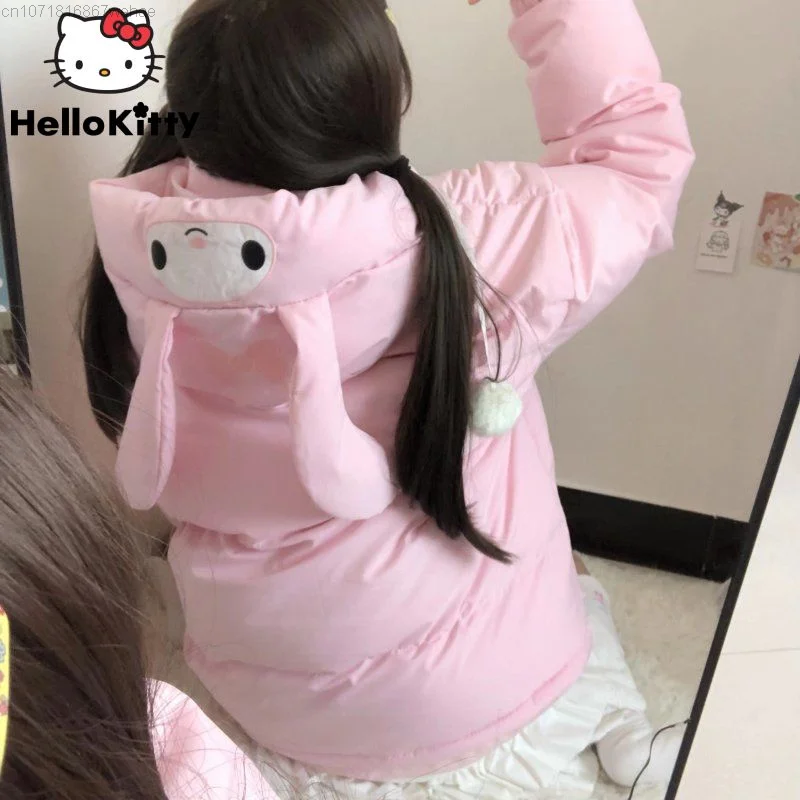 Sanrio Melody Kawaii Sweet Pink Down Coat for Women Y2k Trendy Parkas Korean Style Winter Hooded Cotton Padded Jacket Clothes