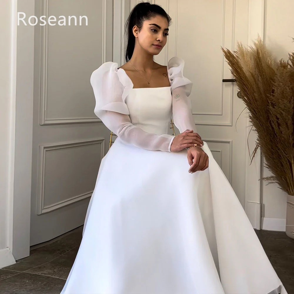 Muslim Exquisite Square A-line Wedding Dresses Puff Sleeve Satin Draped Pleat Full Bride Dresses Anck Length robe de mariée