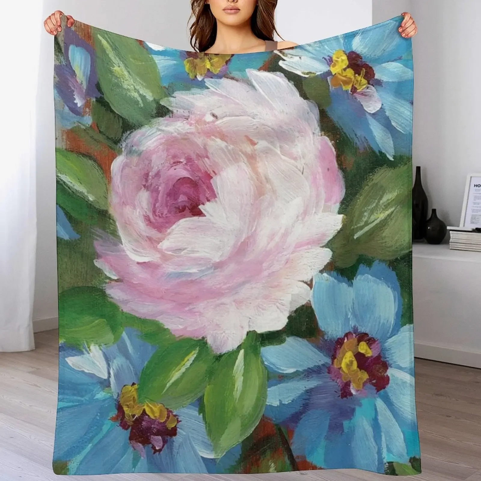 

Single Pink Rose Surrounded by Blue Flowers Throw Blanket Luxury Designer Travel Thermals For Travel Cute Blankets