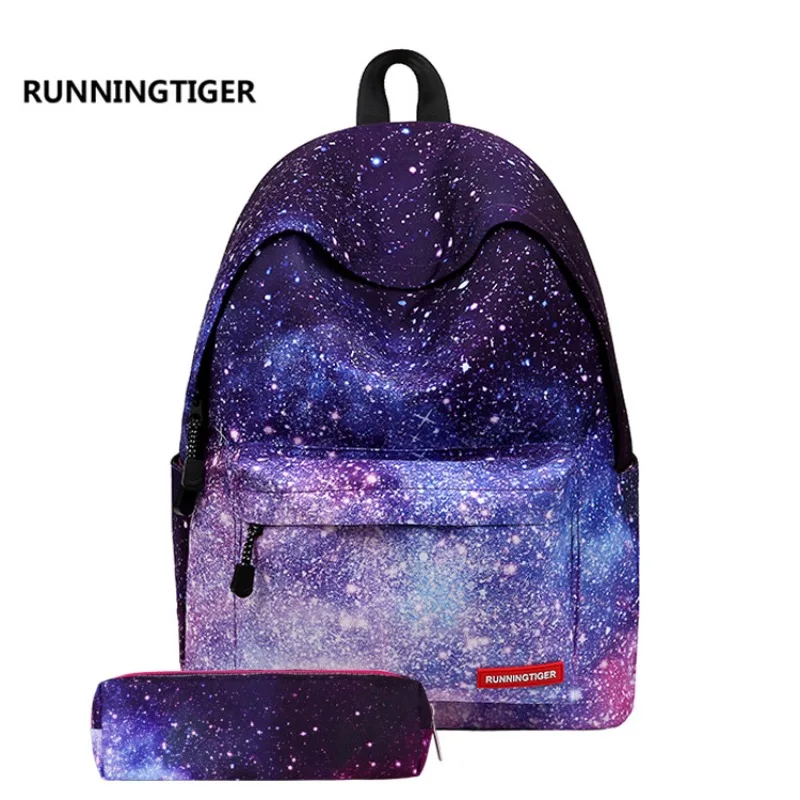 Brand Purple Starry Sky Backpack Preety DoubleShoulder Bag College HighSchool Student SportsTravelCommute Canvas Bag Pencil Case