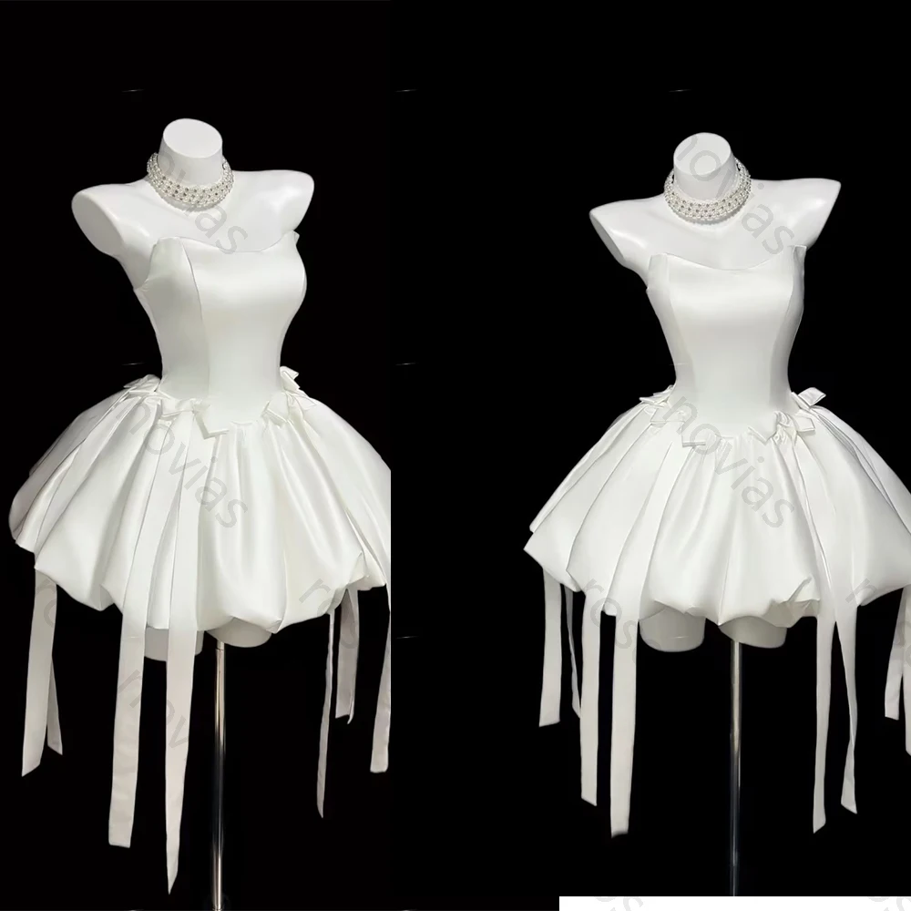 

Индивидуальные атласные белые вечерние платья без бретелек, А-силуэт, с бантами для мини-платьев, с цветами, длинные платья, пошив на заказ, для особых случаев, модные