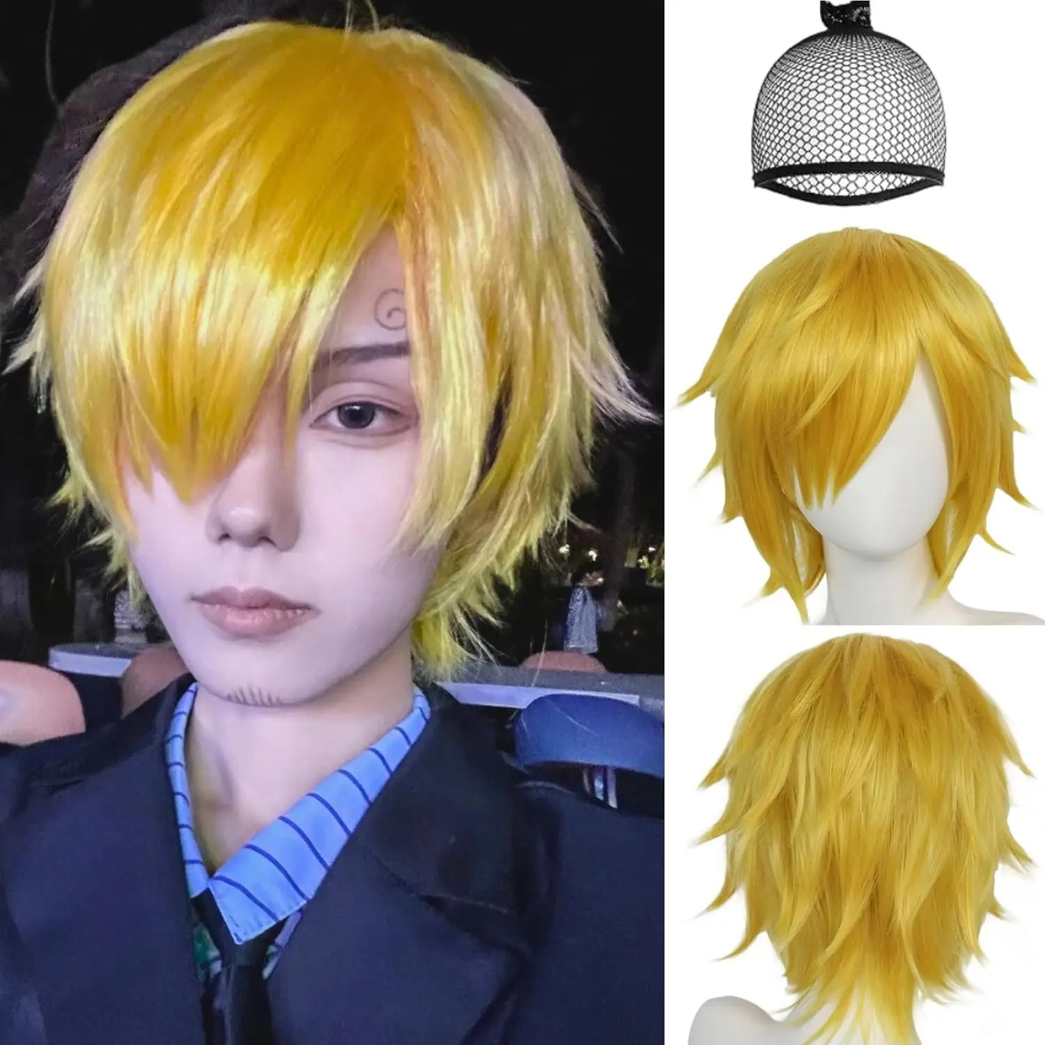 Uma peça peruca cosplay sanji peruca curta amarelo dourado perucas sintéticas para anime cosplay festa de fantasia de halloween